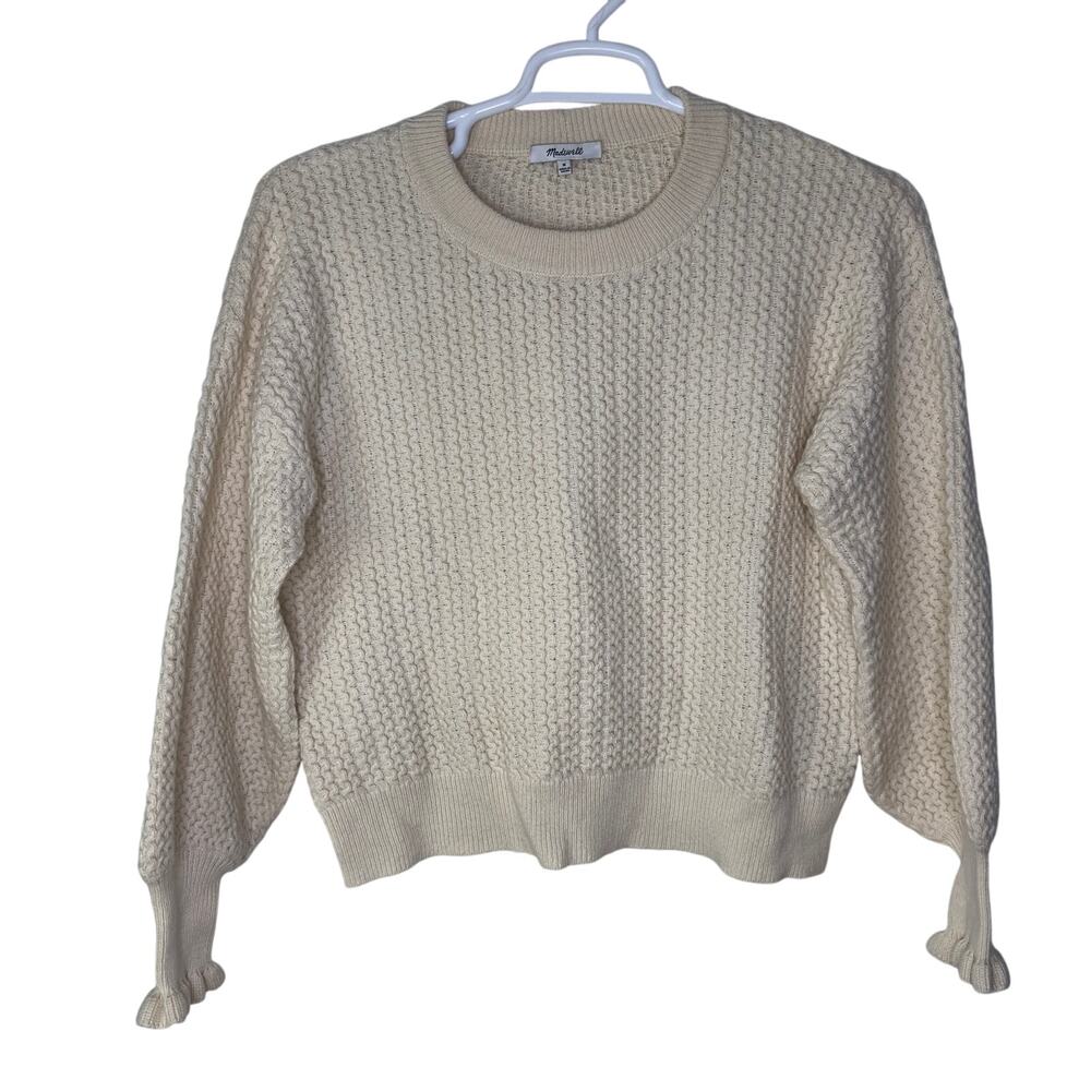 Madewell Ardmore Sweater Women's Medium Wool Blend Knit Ruffle Cuff Cream‎ Ivory